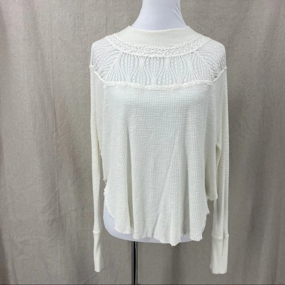 Free people Spring Valley ivory lace yolk trim thermal long sleeve top Size XS